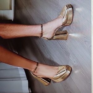 Metallic Gold Platform Ankle-Strap Block Heels